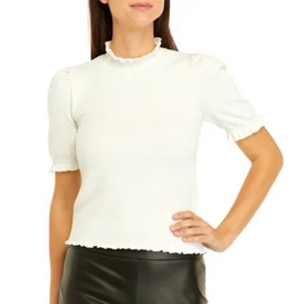 Philosophy Ivory White  Pleated Short Sleeve  Top Ruffle Knit Sweater